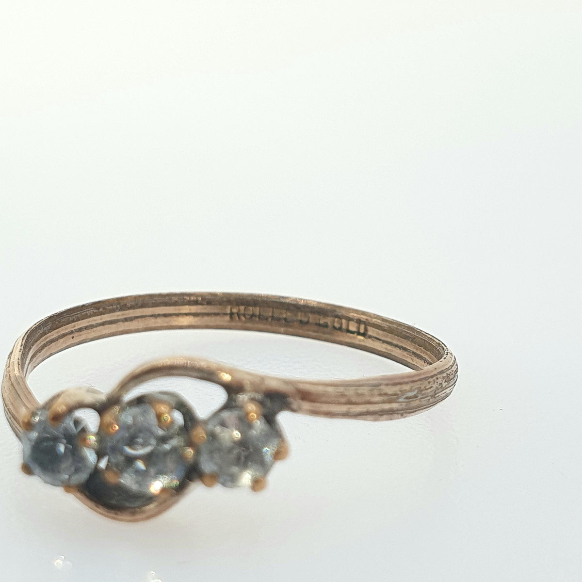 Antique Rolled Gold Diamond Paste Trilogy Ring Triple or Three Stone Victorian Foiled Glass Gold Filled Vintage Womens Jewelry Jewellery