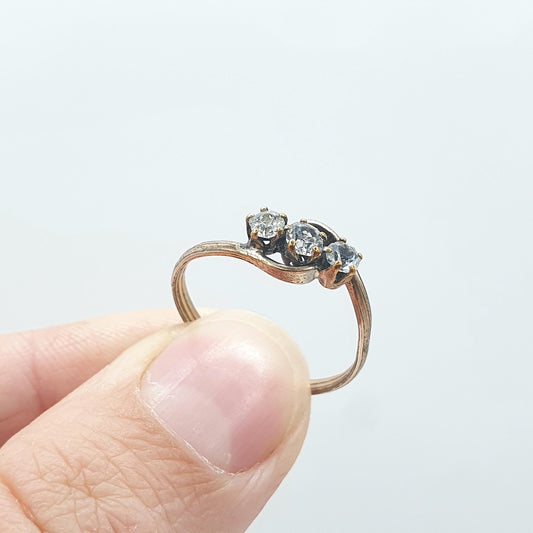 Antique Rolled Gold Diamond Paste Trilogy Ring Triple or Three Stone Victorian Foiled Glass Gold Filled Vintage Womens Jewelry Jewellery