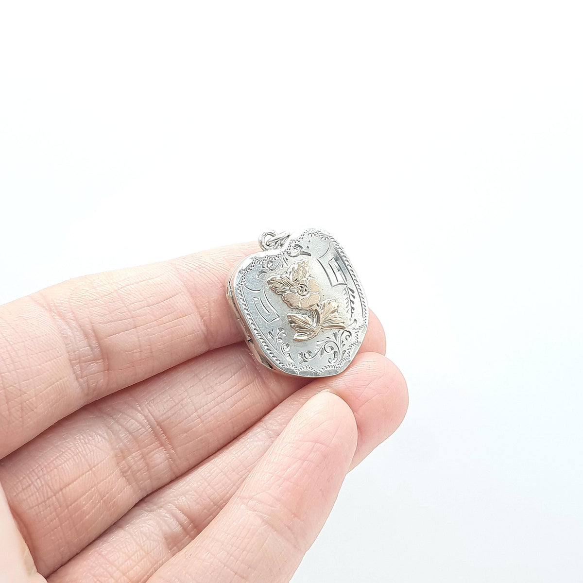 Antique Sterling Silver Locket Rose Gold Flower Centre 1911 Hallmark Shield Shape Pendant Necklace Photo Vintage Womens Jewelry 925