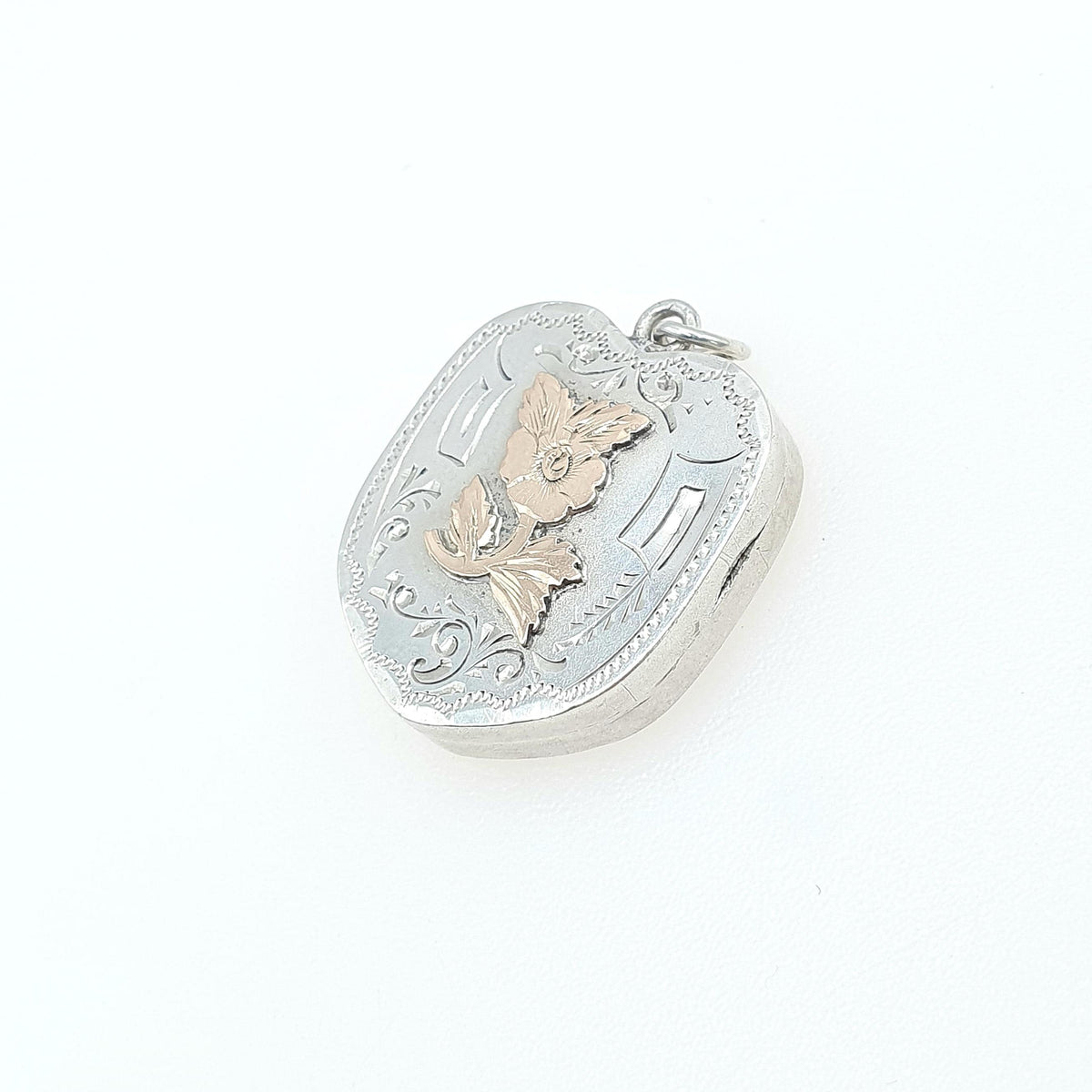 Antique Sterling Silver Locket Rose Gold Flower Centre 1911 Hallmark Shield Shape Pendant Necklace Photo Vintage Womens Jewelry 925