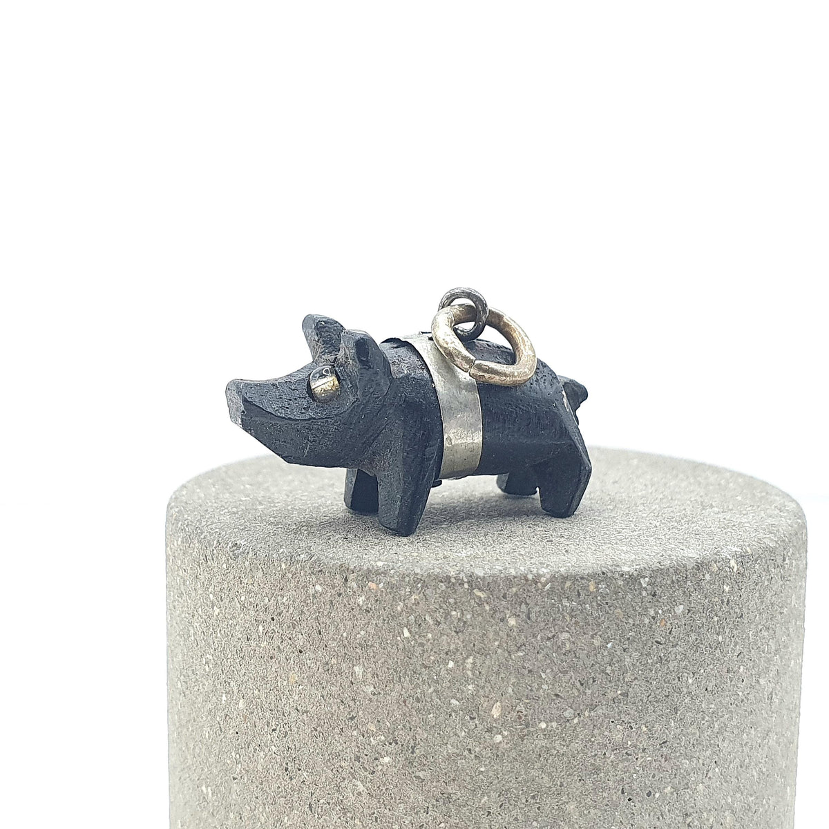 Antique Victorian Bog Oak Lucky Pig Charm Pendant Irish Hand Carved Black Good Luck Base Metal Animal Vintage Jewelry Jewellery