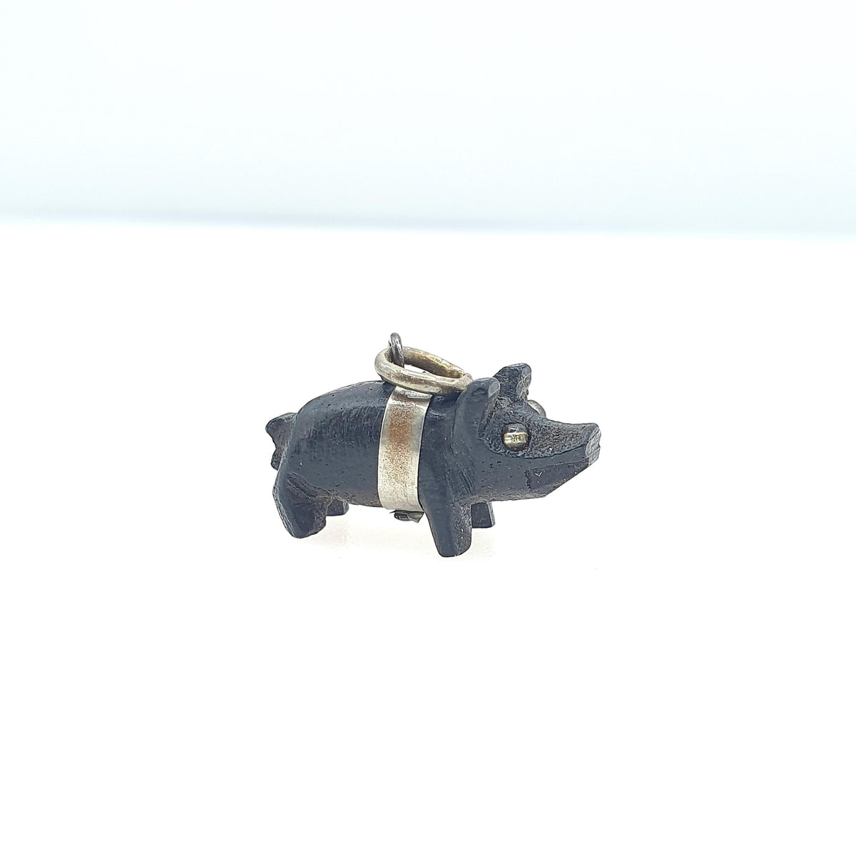 Antique Victorian Bog Oak Lucky Pig Charm Pendant Irish Hand Carved Black Good Luck Base Metal Animal Vintage Jewelry Jewellery