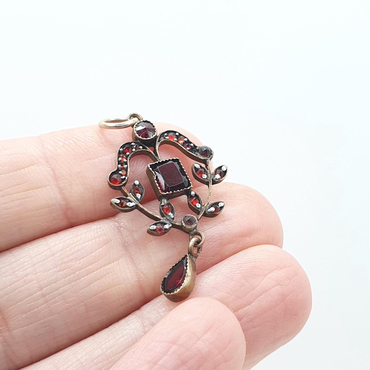Antique Victorian Rolled Gold Bohemian Garnet Pendant Necklace Art Nouveau Gold Fillled Womens Jewelry Vintage Jewellery