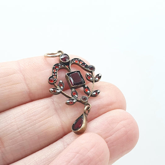 Antique Victorian Rolled Gold Bohemian Garnet Pendant Necklace Art Nouveau Gold Fillled Womens Jewelry Vintage Jewellery