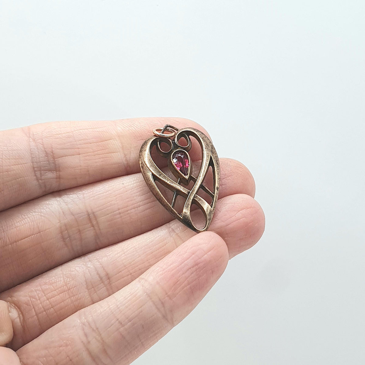 Antique Edwardian Rose Gold Gilt Garnet Paste Pendant Heart Shape Necklace Art Nouveau Vintage Jewellery Jewelry Womens