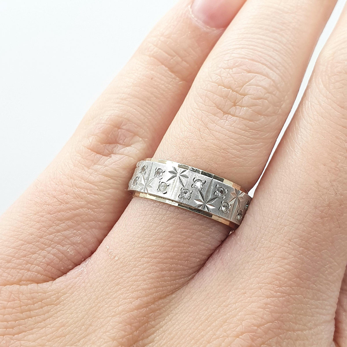 Antique 9ct Gold & Solid Silver Eternity Ring Star Pattern White Spinel Gemstones Gift Promise UK M.5 US 6.5 Womens Jewelry Jewellery