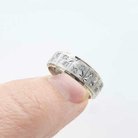 Antique 9ct Gold & Solid Silver Eternity Ring Star Pattern White Spinel Gemstones Gift Promise UK M.5 US 6.5 Womens Jewelry Jewellery