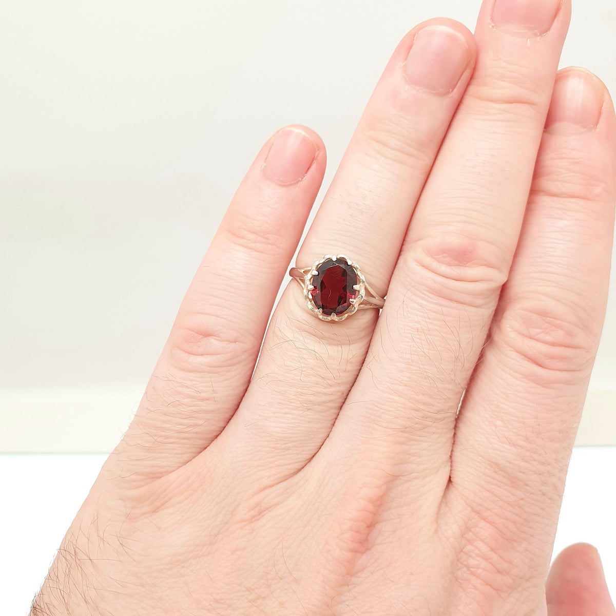 Vintage Solid Silver Garnet Ring Solitaire Large Oval Cut Pyrope Gemstone Retro Large Womens Jewellery Jewlery