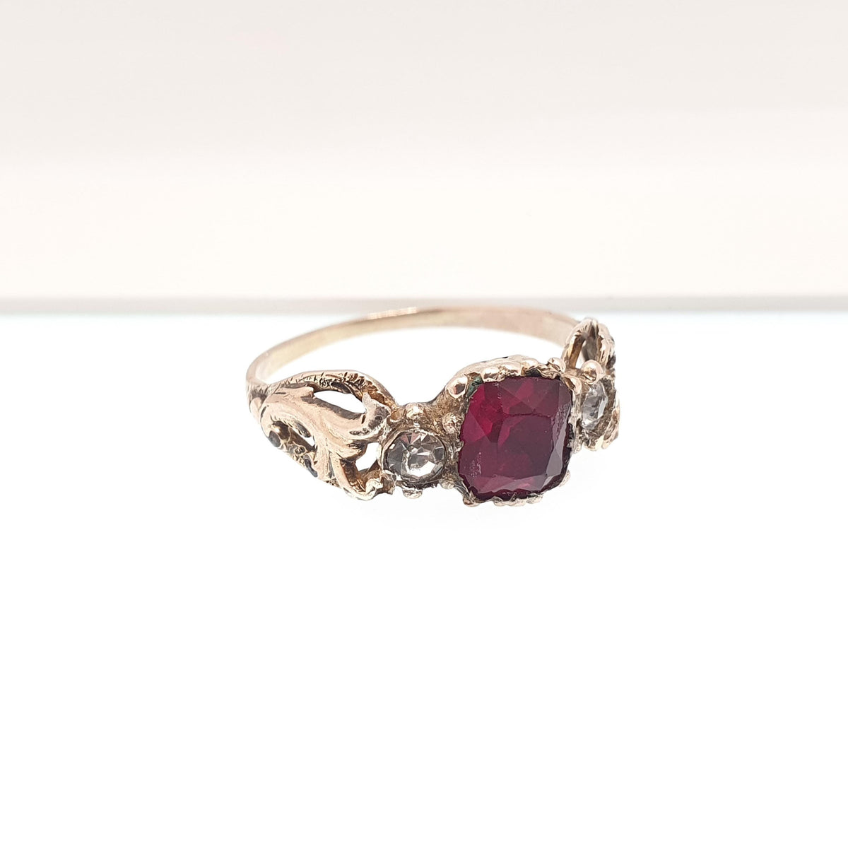Antique Georgian 9ct Gold Ruby & Diamond Paste Ring Square Cut Foiled Glass Solid 9kt 9k Renaissance Revival Vintage Jewelry Jewellery