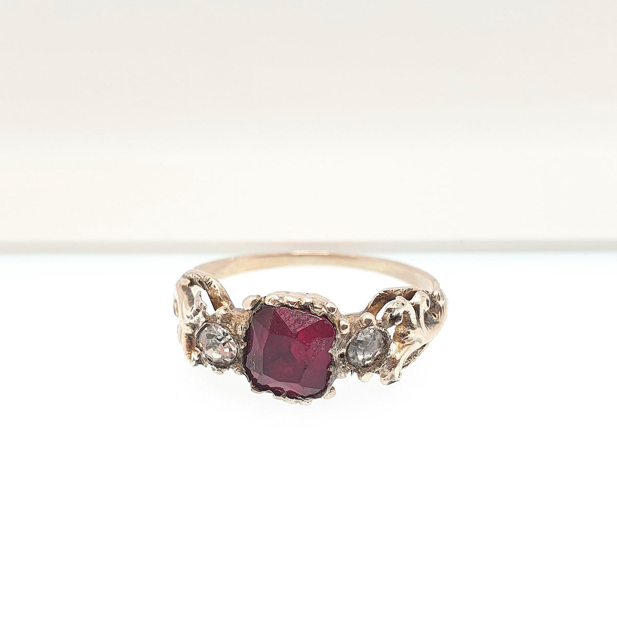 Antique Georgian 9ct Gold Ruby & Diamond Paste Ring Square Cut Foiled Glass Solid 9kt 9k Renaissance Revival Vintage Jewelry Jewellery