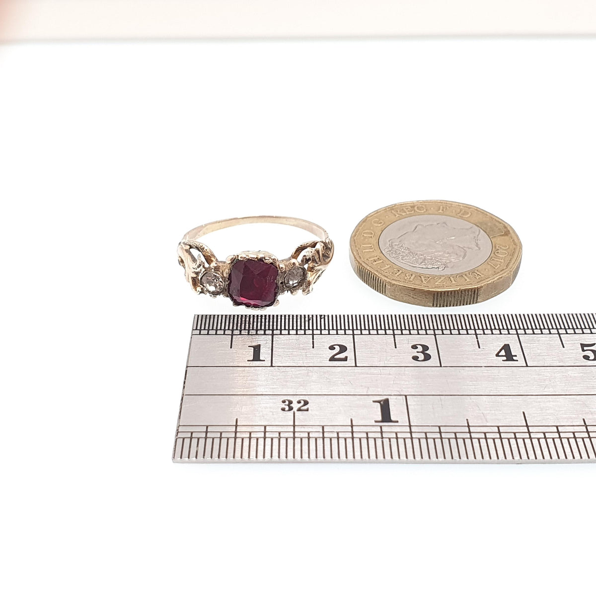 Antique Georgian 9ct Gold Ruby & Diamond Paste Ring Square Cut Foiled Glass Solid 9kt 9k Renaissance Revival Vintage Jewelry Jewellery