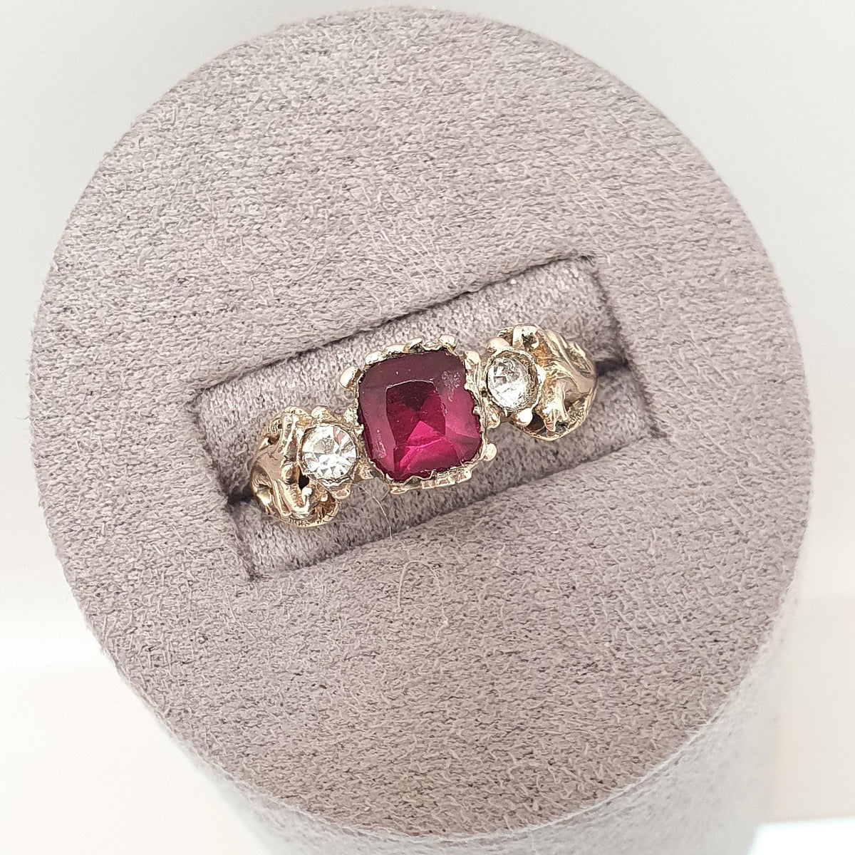 Antique Georgian 9ct Gold Ruby & Diamond Paste Ring Square Cut Foiled Glass Solid 9kt 9k Renaissance Revival Vintage Jewelry Jewellery
