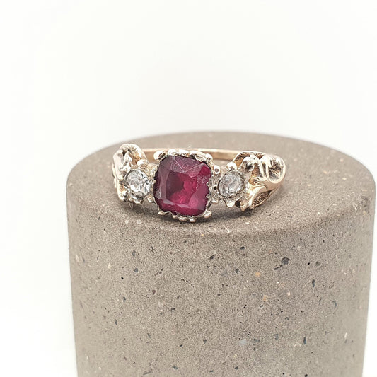 Antique Georgian 9ct Gold Ruby & Diamond Paste Ring Square Cut Foiled Glass Solid 9kt 9k Renaissance Revival Vintage Jewelry Jewellery