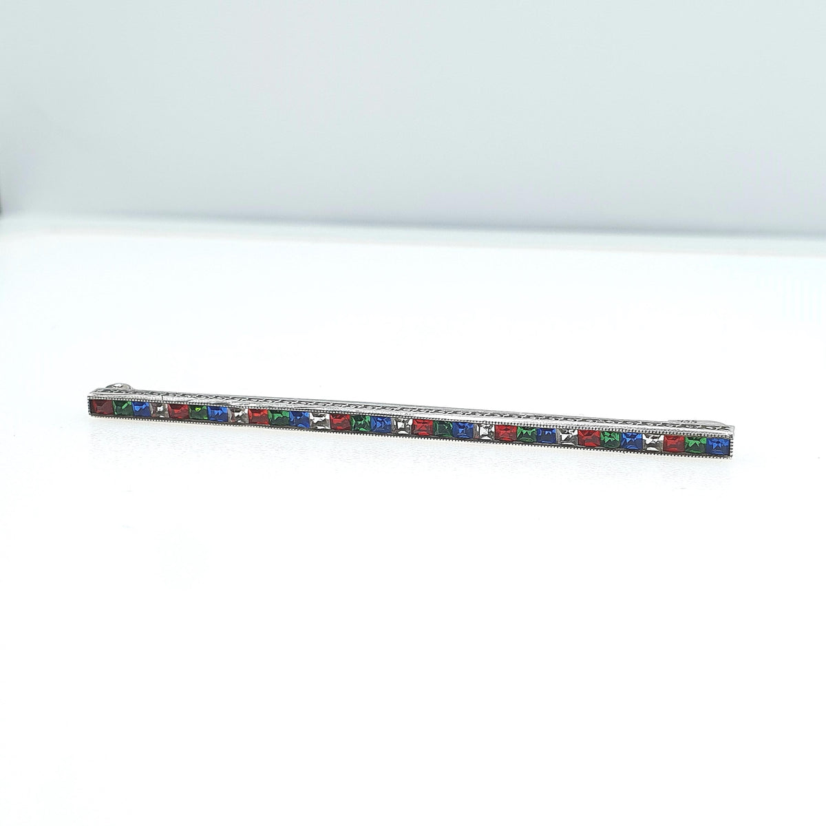 Antique Solid Silver Mutli Coloured Paste Brooch Channel Cut Red White Blue Green Vintage Womens Jewellery Jewelry