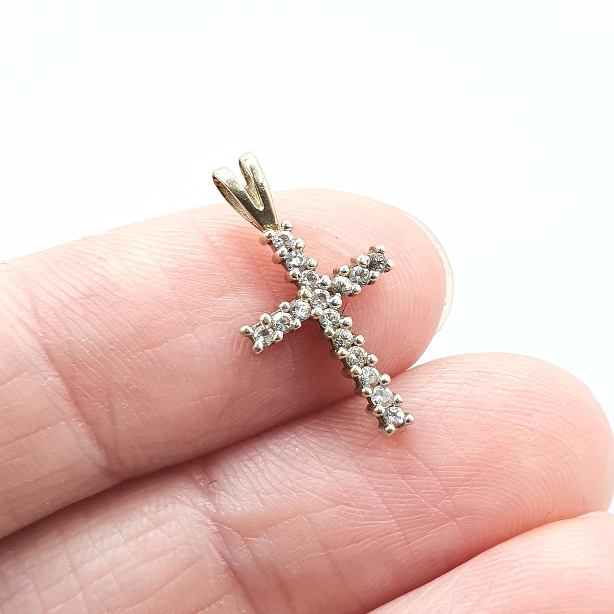 Vintage 9ct Gold CZ Crucifix Pendant Cross Necklace Small Tiny Solid 9k 9kt Diamond Simulant Womens Jewelry Jewellery Charm