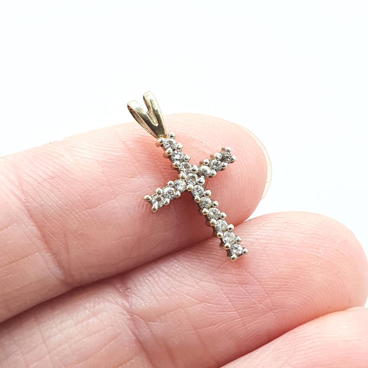Vintage 9ct Gold CZ Crucifix Pendant Cross Necklace Small Tiny Solid 9k 9kt Diamond Simulant Womens Jewelry Jewellery Charm