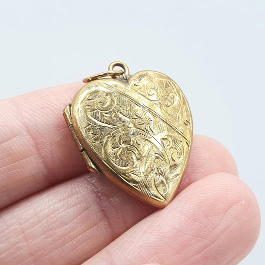 Antique Victorian Rolled Gold Heart Locket Hand Engraved Yellow Gold Filled Shield Centre Keepsake Gift Vintage Jewellery Jewelry Womens