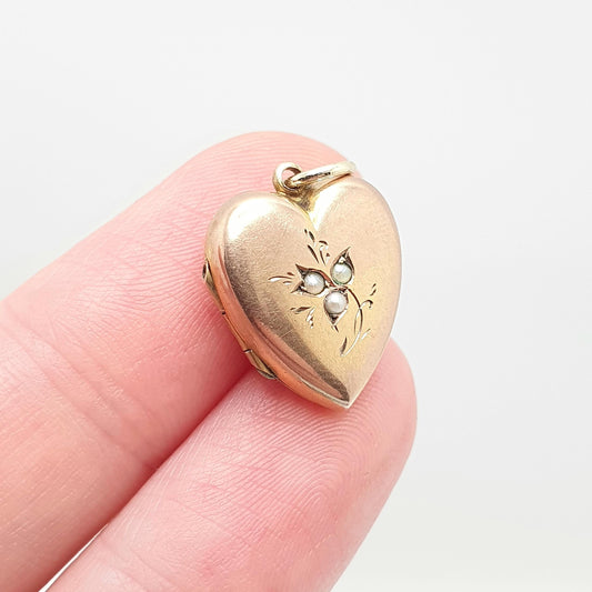 Antique 9ct 9k Gold Heart Locket Seed Pearl Victorian Back and Front Puffer Solid 375 9kt Rose Pendant Small Photo Vintage Jewelry Jewellery