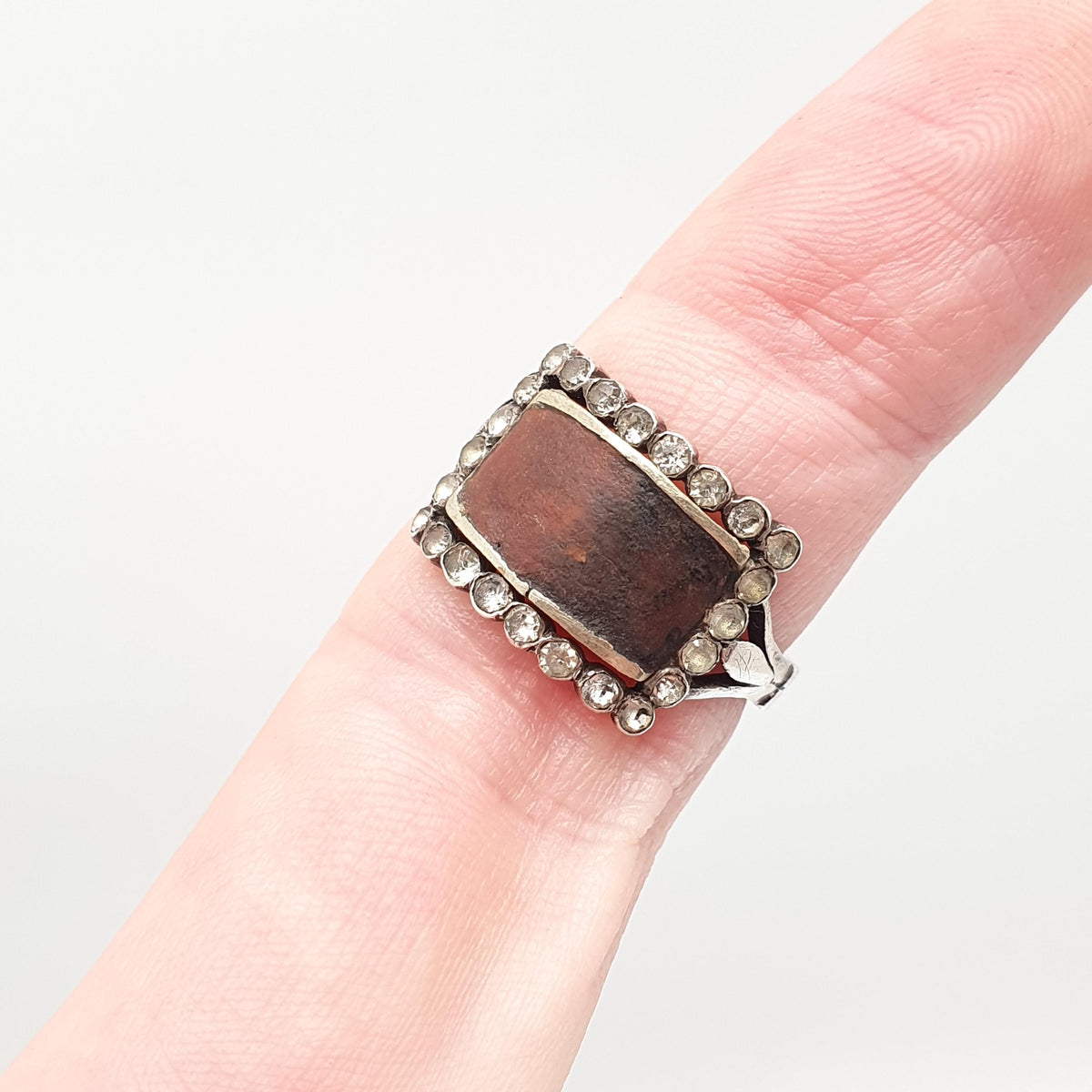 Antique Georgian Solid Silver Diamond Paste Ring Rectangular Signet Foiled Border Early 1800s Genuine Vintage Jewellery Jewelry Womens