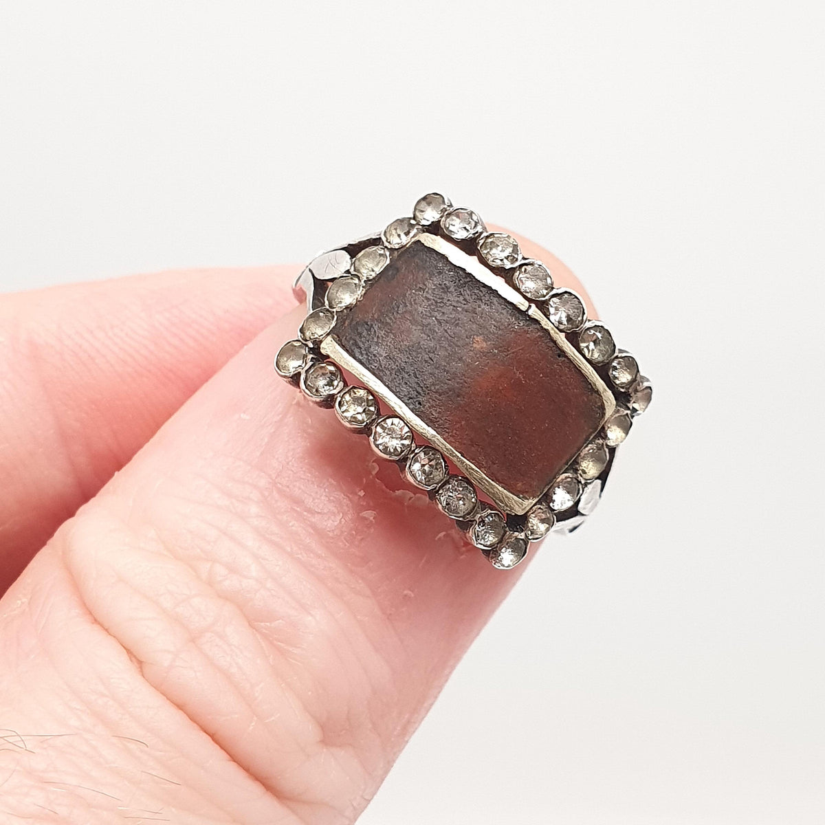 Antique Georgian Solid Silver Diamond Paste Ring Rectangular Signet Foiled Border Early 1800s Genuine Vintage Jewellery Jewelry Womens