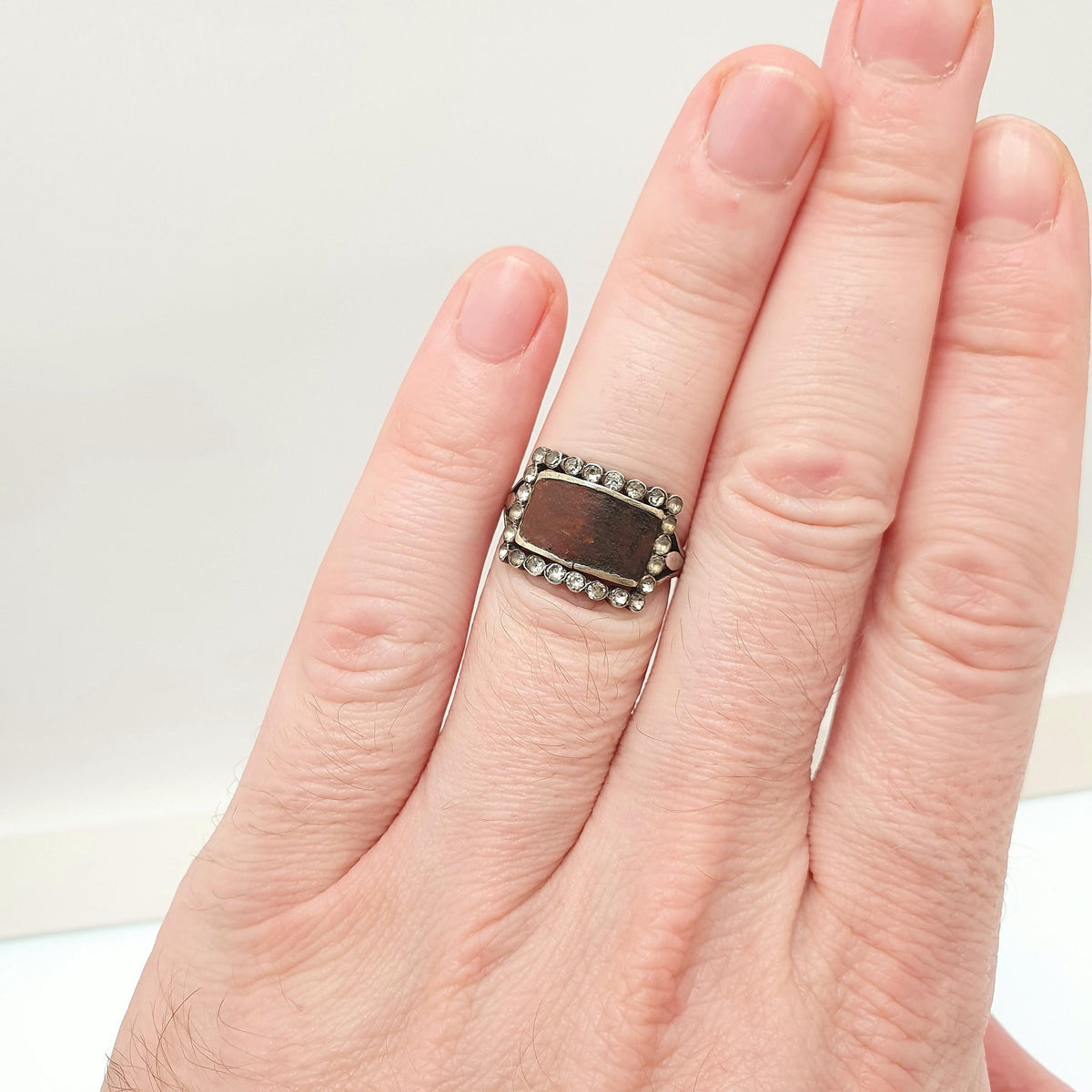Antique Georgian Solid Silver Diamond Paste Ring Rectangular Signet Foiled Border Early 1800s Genuine Vintage Jewellery Jewelry Womens