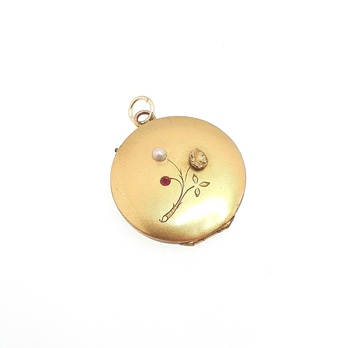 Antique Rolled Gold Locket Ruby Paste Seed Pearl Rose Flower Necklace Pendant Yellow Gold Filled Round Circle Vintage Jewellery Jewelry