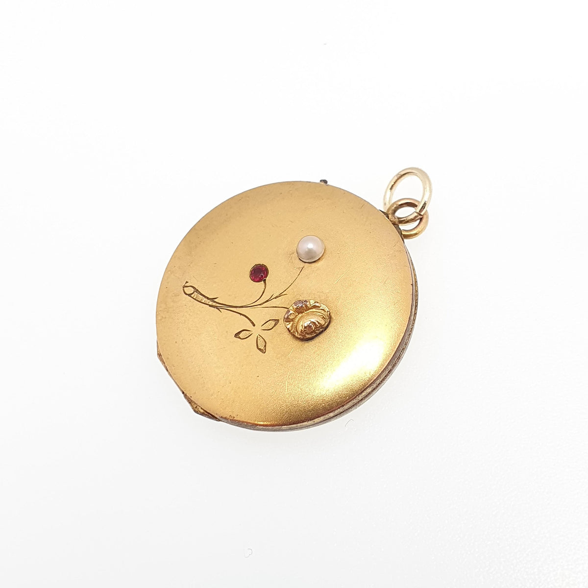 Antique Rolled Gold Locket Ruby Paste Seed Pearl Rose Flower Necklace Pendant Yellow Gold Filled Round Circle Vintage Jewellery Jewelry