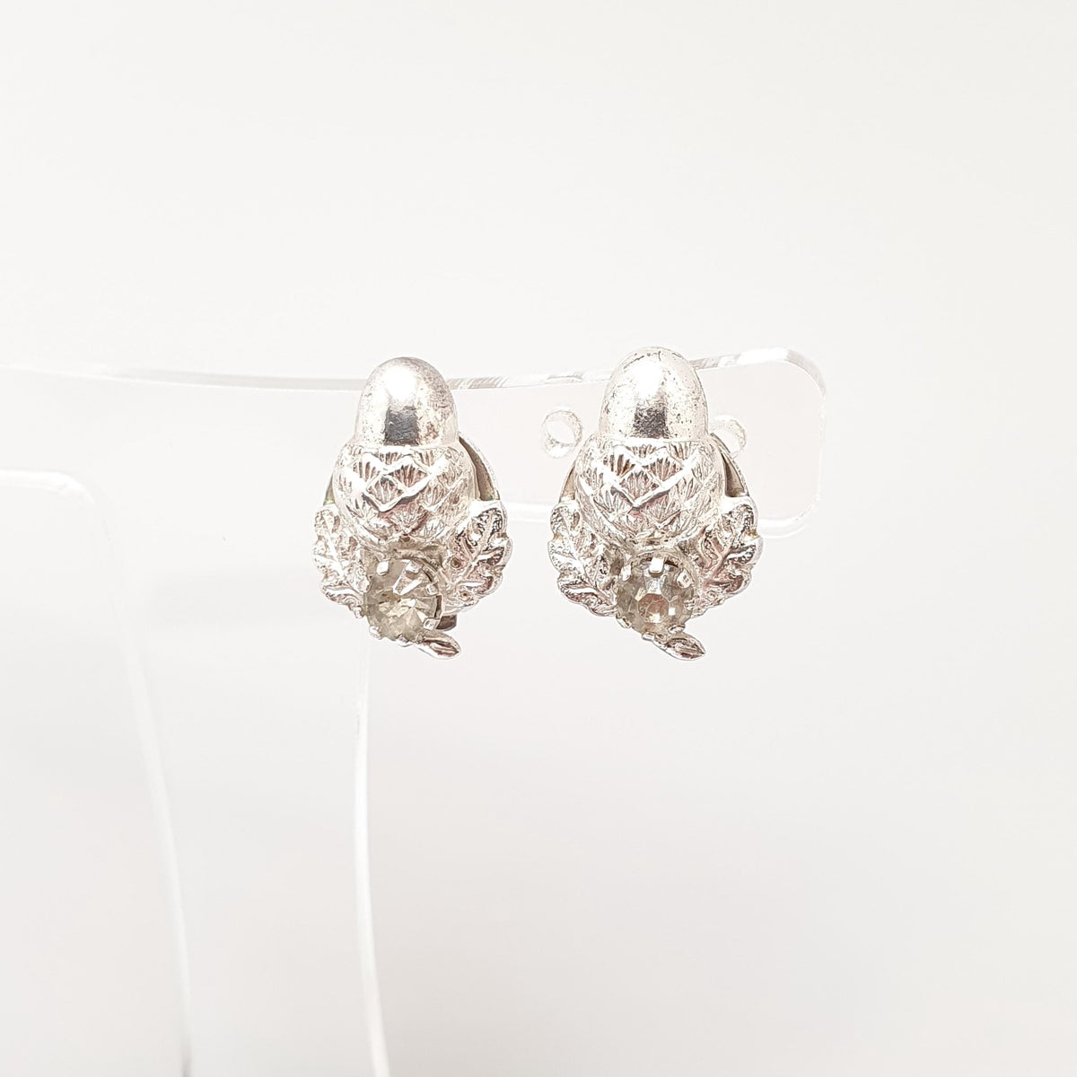 Antique Sterling Silver Acorn Earrings Diamond Paste Clip On Oak Tree Leaf Art Deco 1920s Solid 925 Naturalistic Womens Jewelry Jewellery