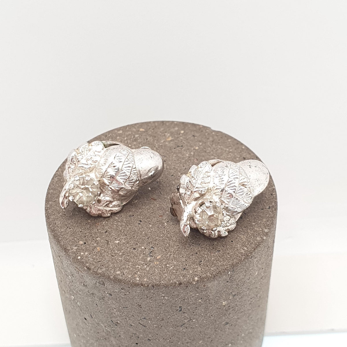 Antique Sterling Silver Acorn Earrings Diamond Paste Clip On Oak Tree Leaf Art Deco 1920s Solid 925 Naturalistic Womens Jewelry Jewellery