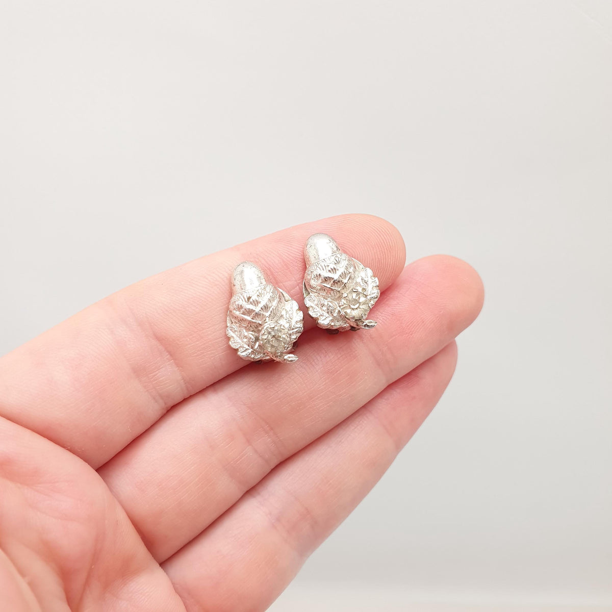 Antique Sterling Silver Acorn Earrings Diamond Paste Clip On Oak Tree Leaf Art Deco 1920s Solid 925 Naturalistic Womens Jewelry Jewellery