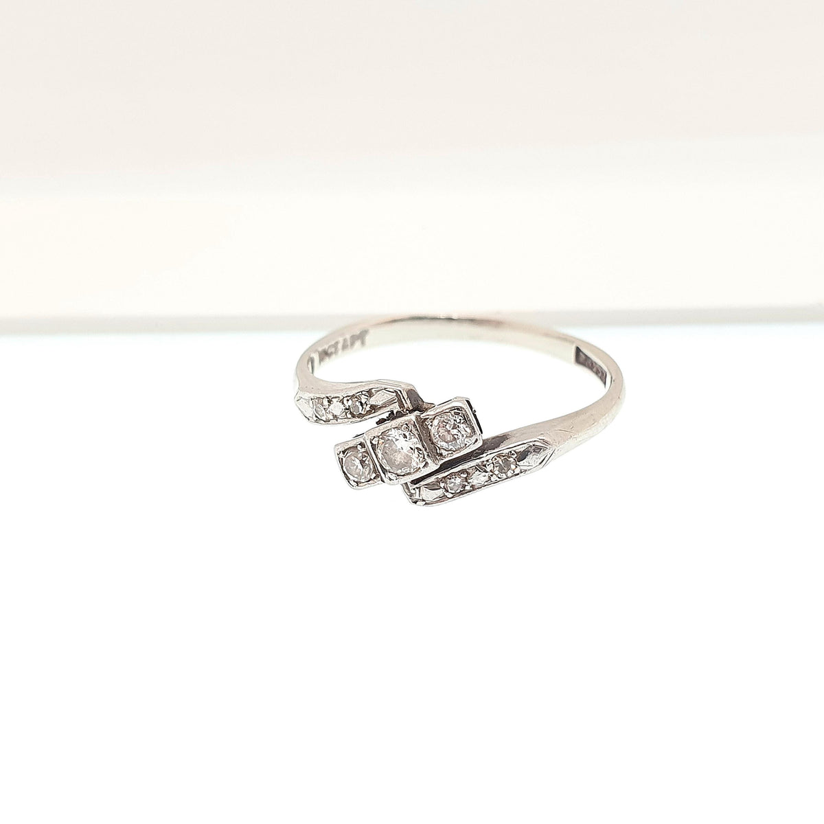 Antique Art Deco 18k White Gold Diamond Ring Crossover Natural Square Setting Solid 18ct 18kt 1920s Wedding Vintage Jewelry Jewellery