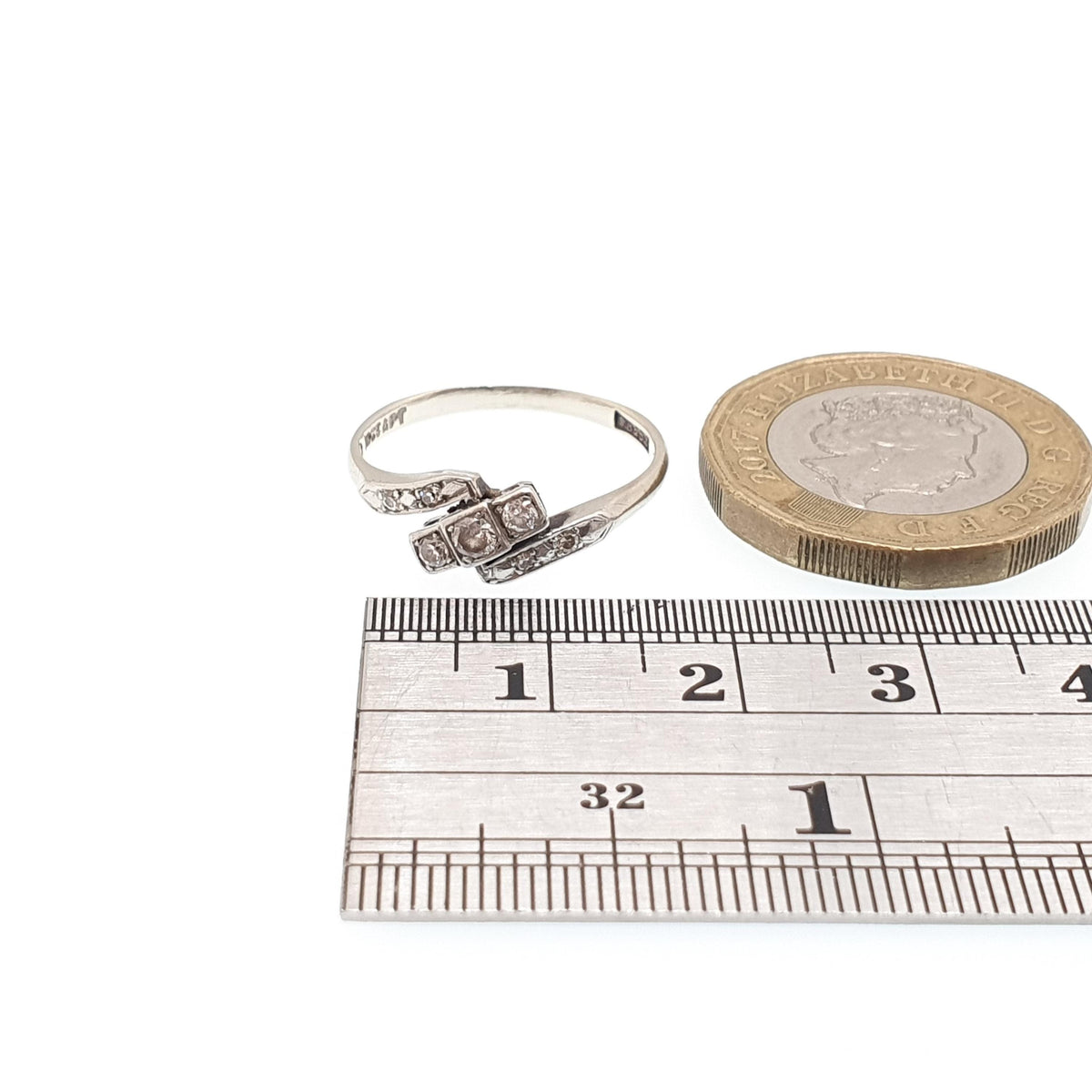 Antique Art Deco 18k White Gold Diamond Ring Crossover Natural Square Setting Solid 18ct 18kt 1920s Wedding Vintage Jewelry Jewellery