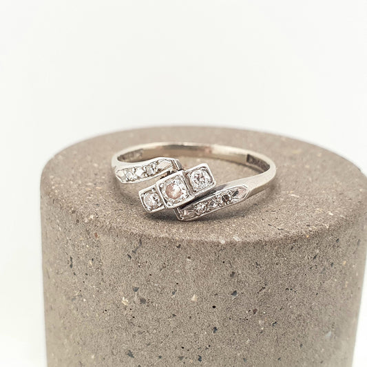 Antique Art Deco 18k White Gold Diamond Ring Crossover Natural Square Setting Solid 18ct 18kt 1920s Wedding Vintage Jewelry Jewellery