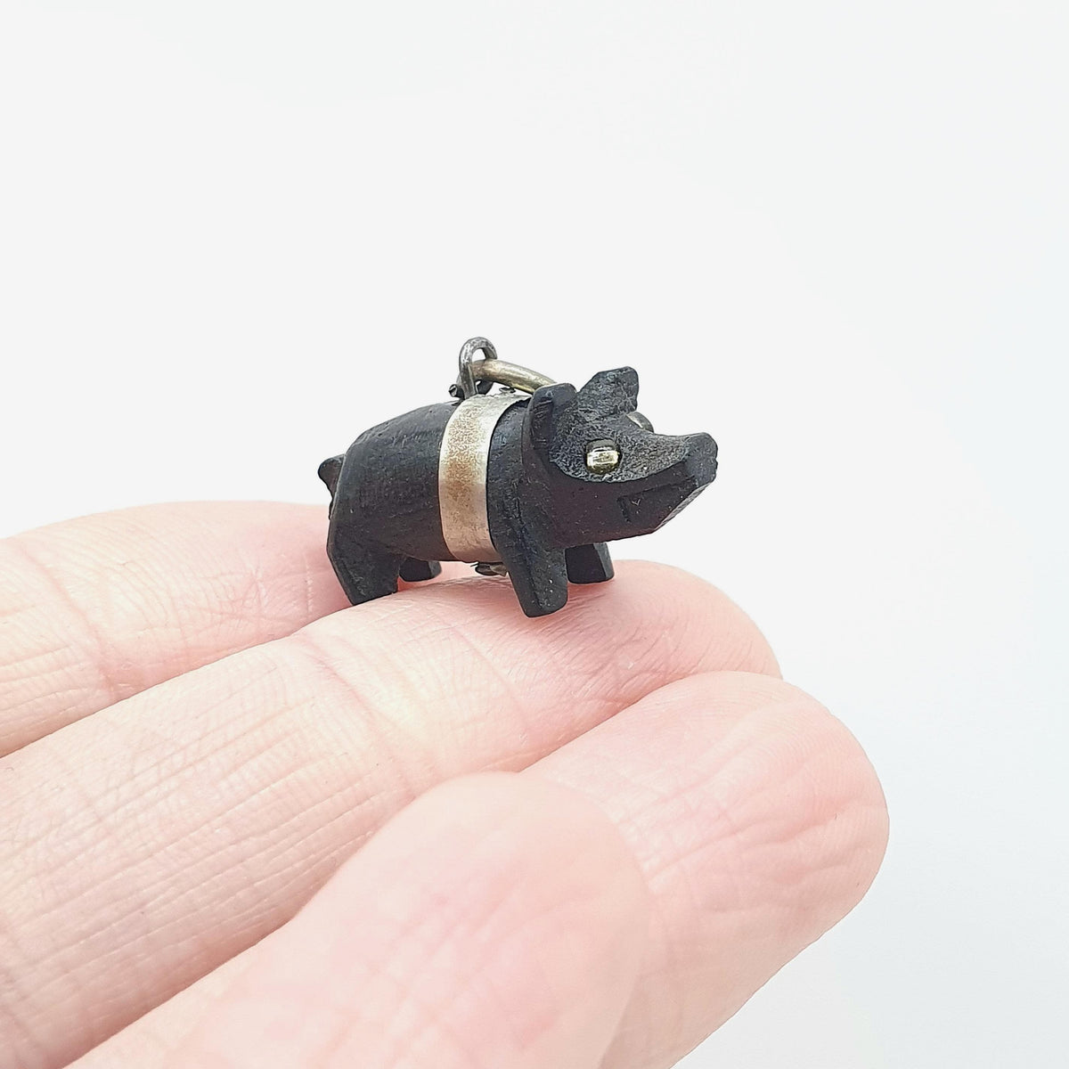 Antique Victorian Bog Oak Lucky Pig Charm Pendant Irish Hand Carved Black Good Luck Base Metal Animal Vintage Jewelry Jewellery