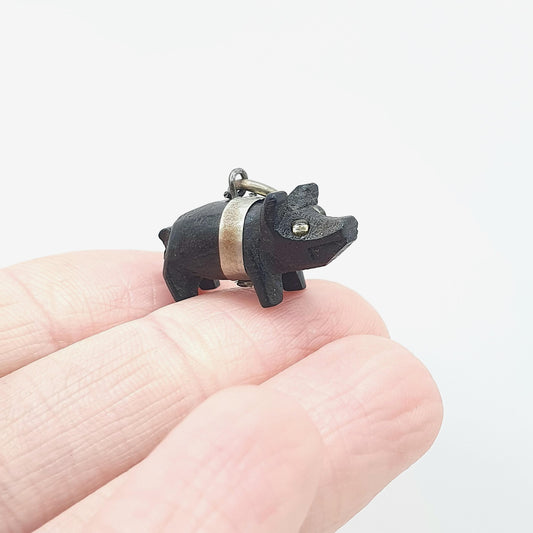 Antique Victorian Bog Oak Lucky Pig Charm Pendant Irish Hand Carved Black Good Luck Base Metal Animal Vintage Jewelry Jewellery