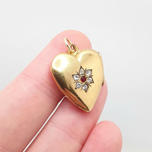Antique Gold Filled Diamond Paste Heart Locket Yellow Rolled Pendant Victorian Star Cluster Centre Necklace Jewelry Womens Jewellery