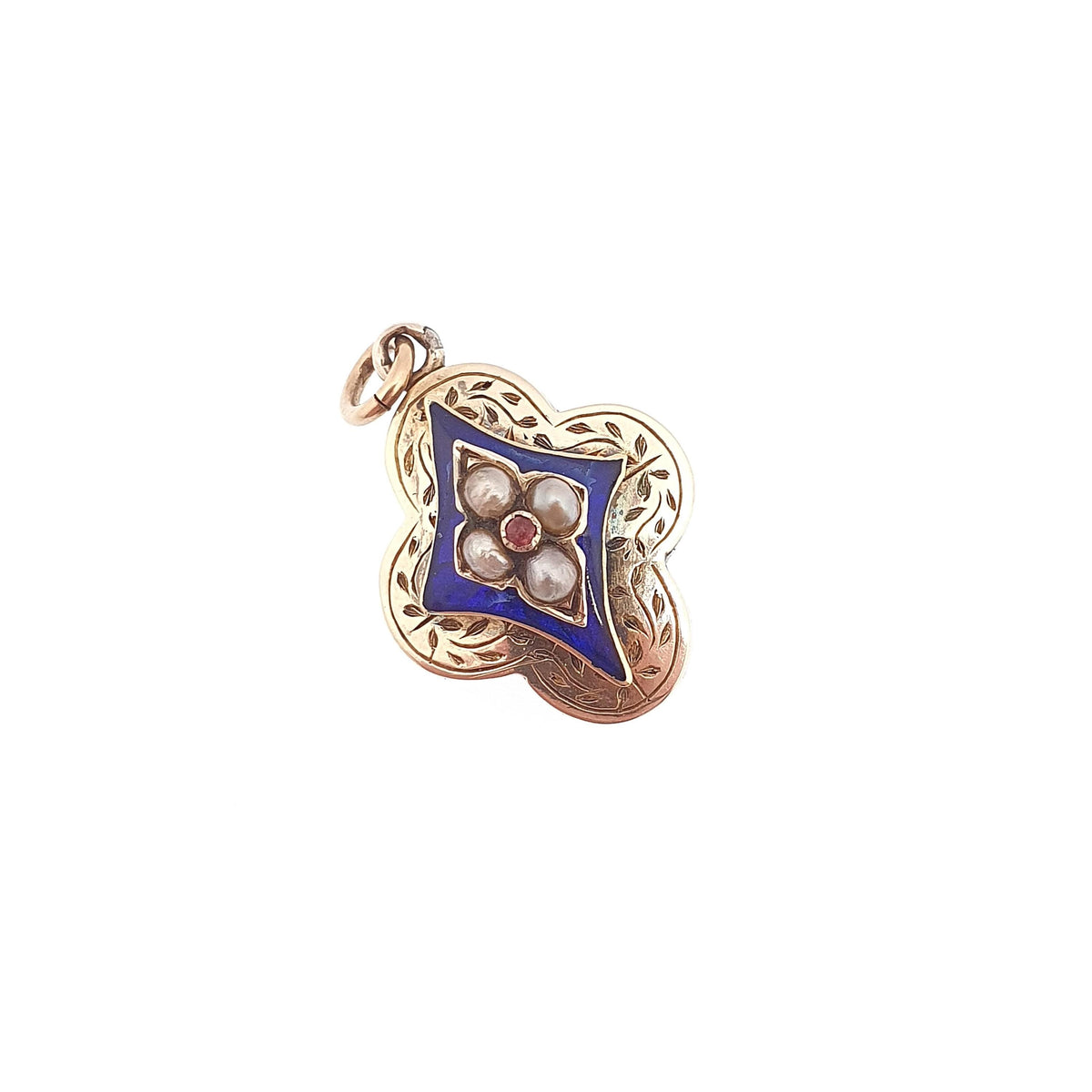 Antique 9ct Gold Pearl Enamel Locket Pendant Victorian Blue Kite Shape Ruby Paste Necklace Photo Picture Womens Jewelry Jewellery