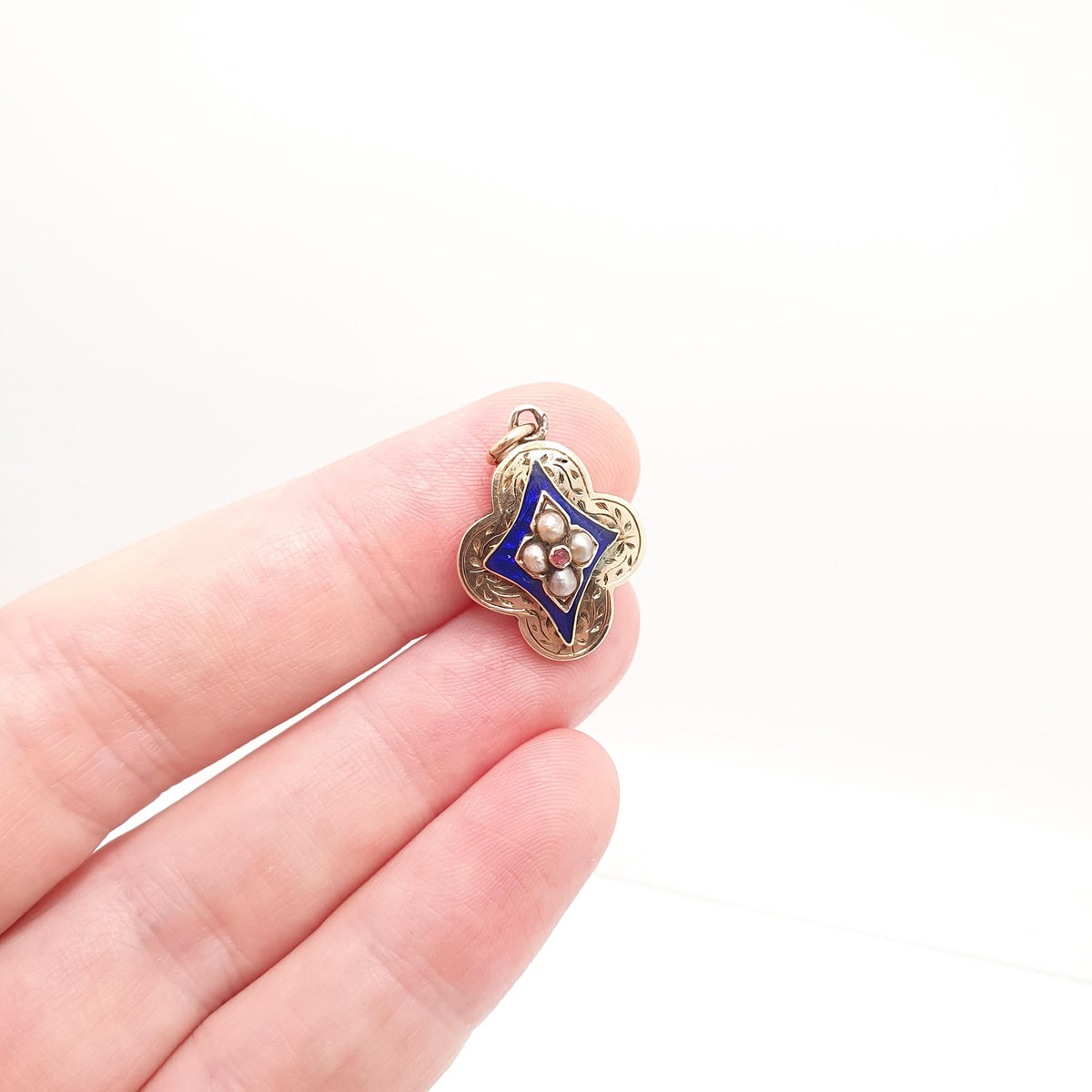 Antique 9ct Gold Pearl Enamel Locket Pendant Victorian Blue Kite Shape Ruby Paste Necklace Photo Picture Womens Jewelry Jewellery