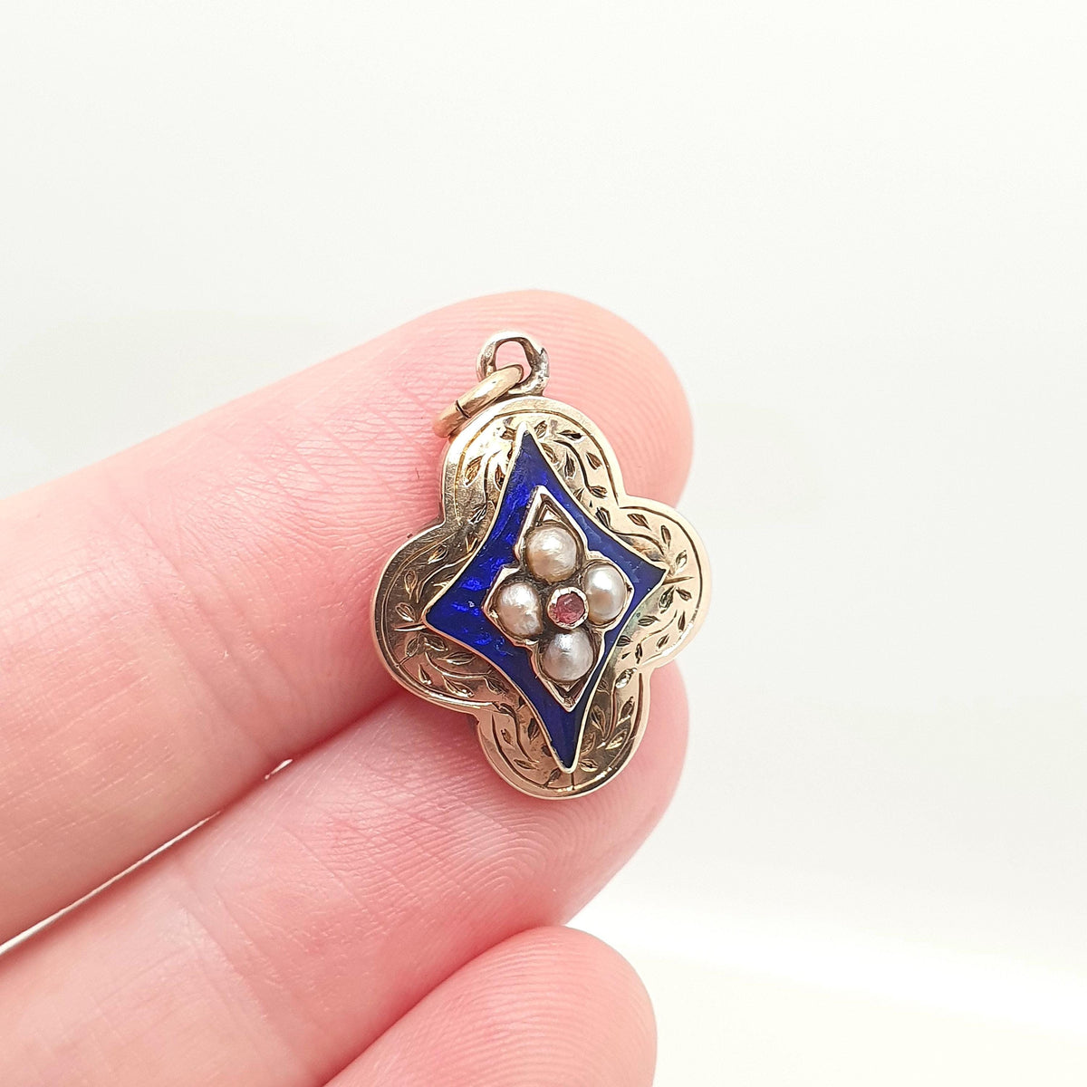 Antique 9ct Gold Pearl Enamel Locket Pendant Victorian Blue Kite Shape Ruby Paste Necklace Photo Picture Womens Jewelry Jewellery