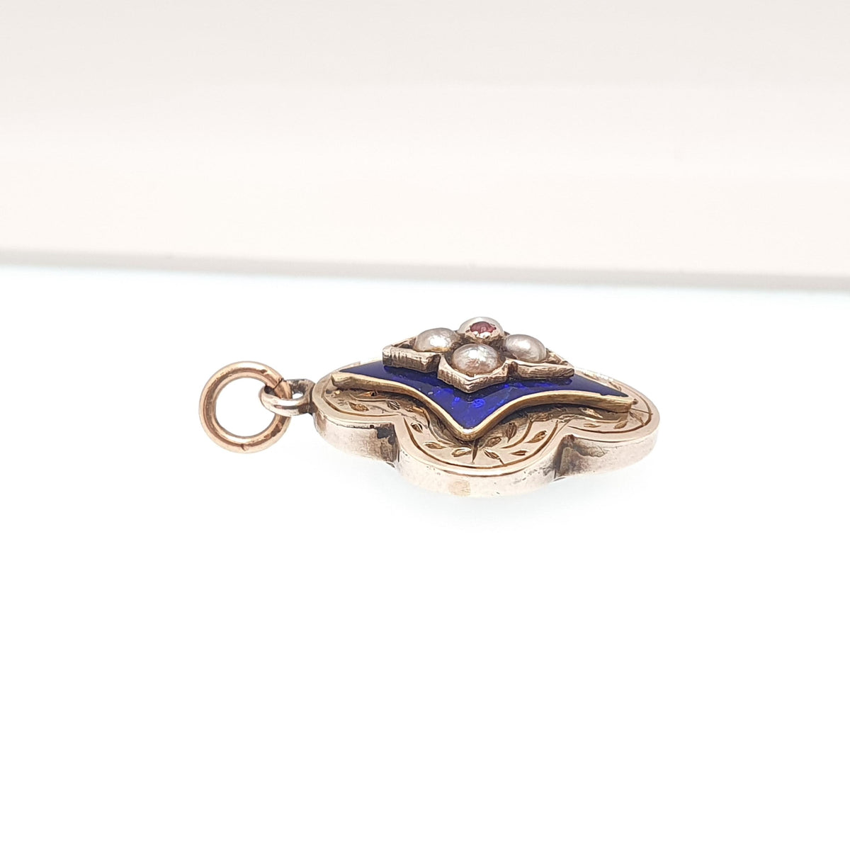 Antique 9ct Gold Pearl Enamel Locket Pendant Victorian Blue Kite Shape Ruby Paste Necklace Photo Picture Womens Jewelry Jewellery