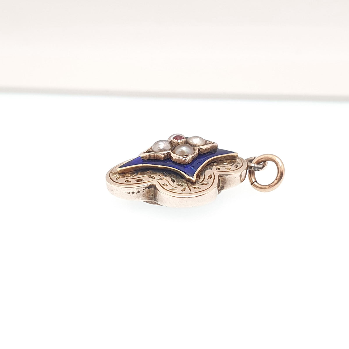 Antique 9ct Gold Pearl Enamel Locket Pendant Victorian Blue Kite Shape Ruby Paste Necklace Photo Picture Womens Jewelry Jewellery