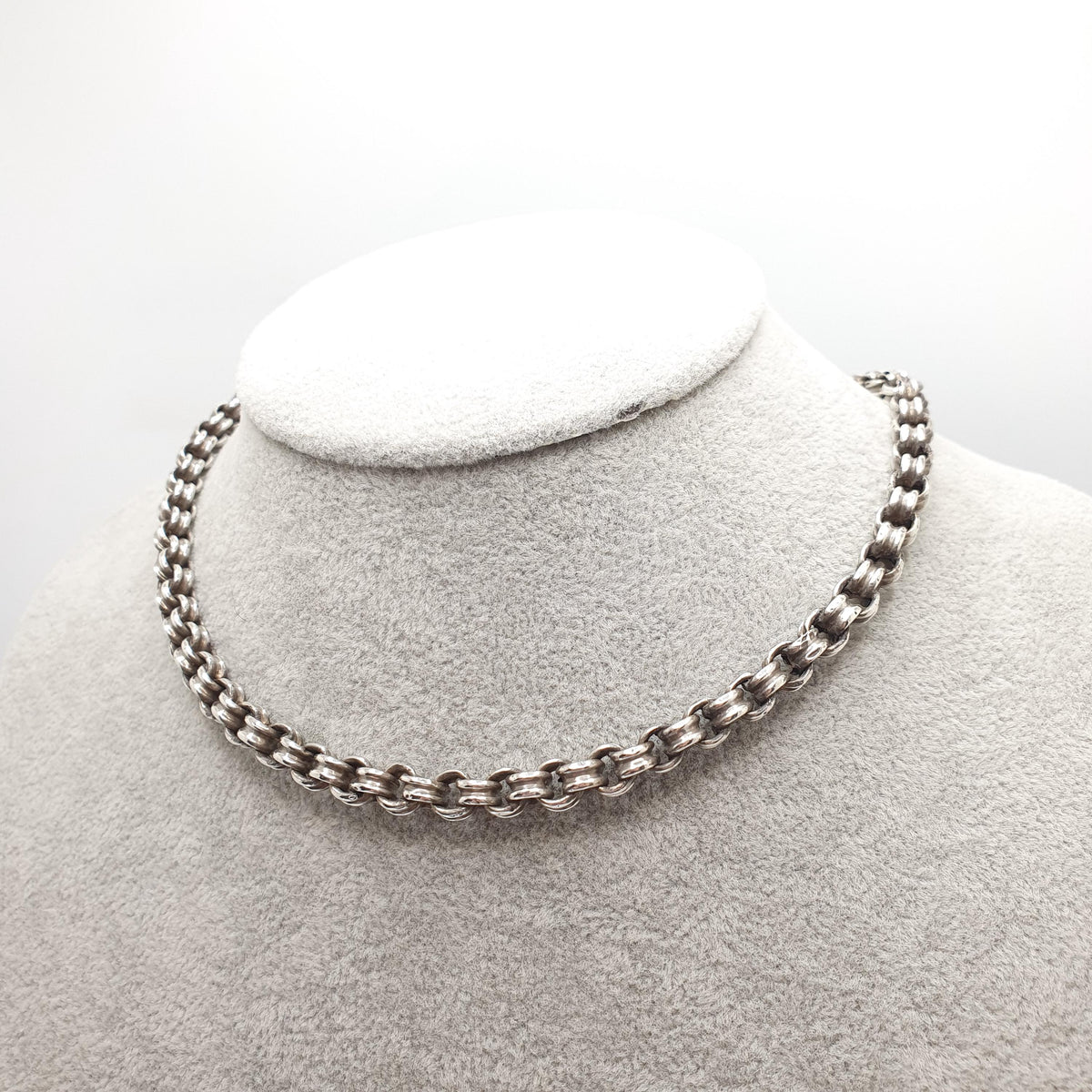 Antique Victorian Sterling Silver Belcher Chain Necklace 39cm 15.3" 16.45g Crimped Rolo Link Dog Clip Choker 1800s Vintage Womens