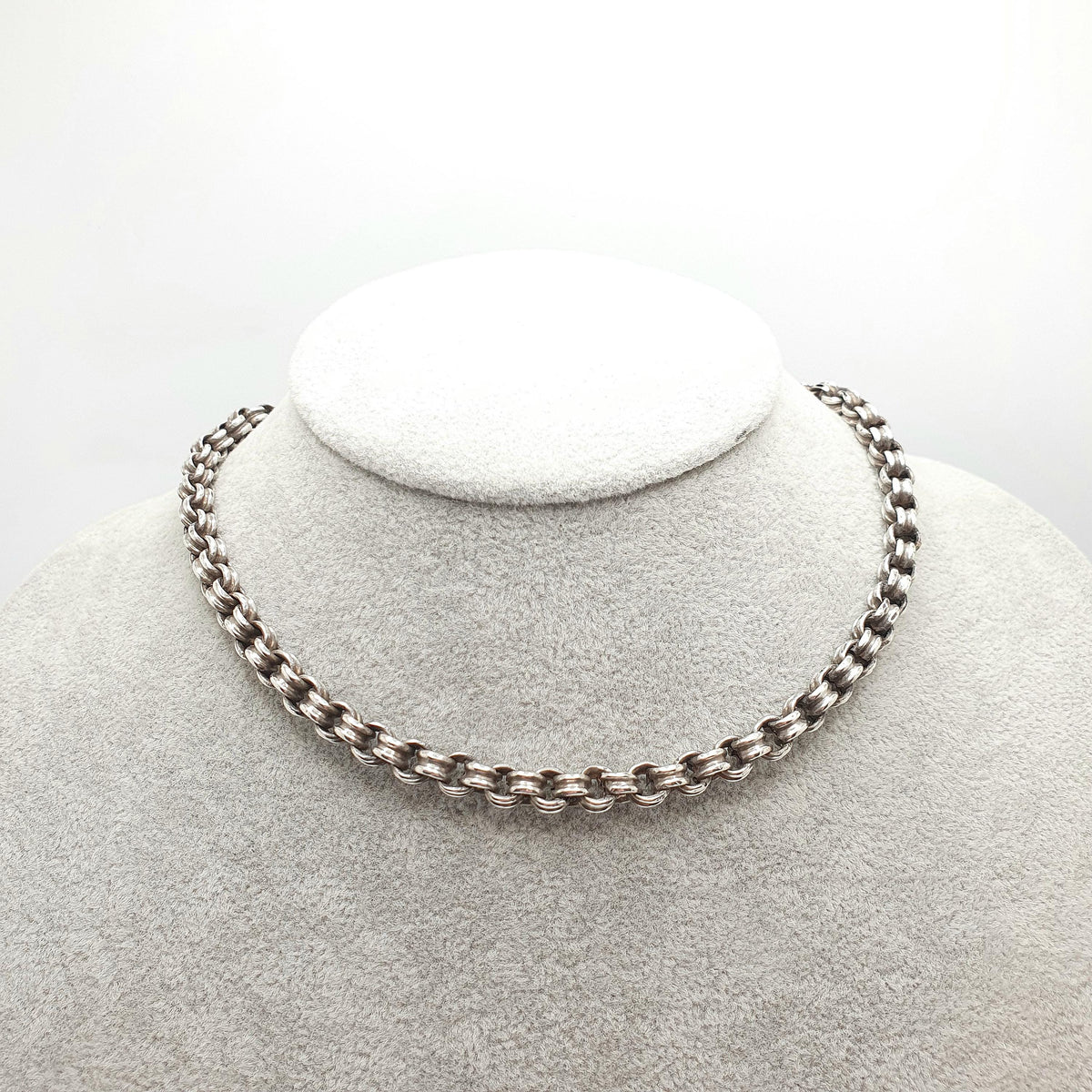 Antique Victorian Sterling Silver Belcher Chain Necklace 39cm 15.3" 16.45g Crimped Rolo Link Dog Clip Choker 1800s Vintage Womens