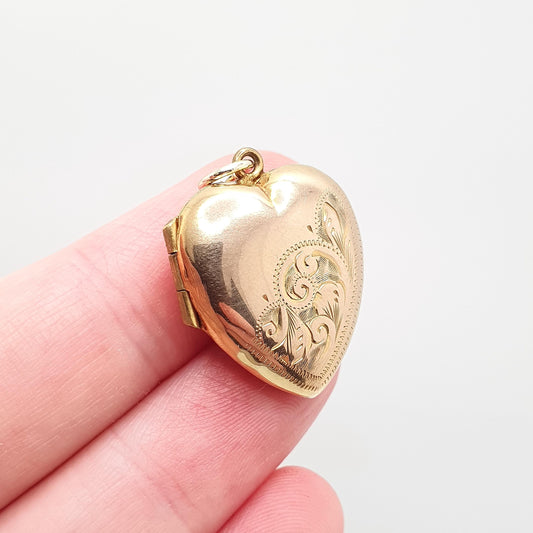 Antique 9ct Gold Heart Locket 9k Back & Front Cute Engraved Solid 9kt 375 Pendant Love Gift Necklace Jewelry Womens Jewellery