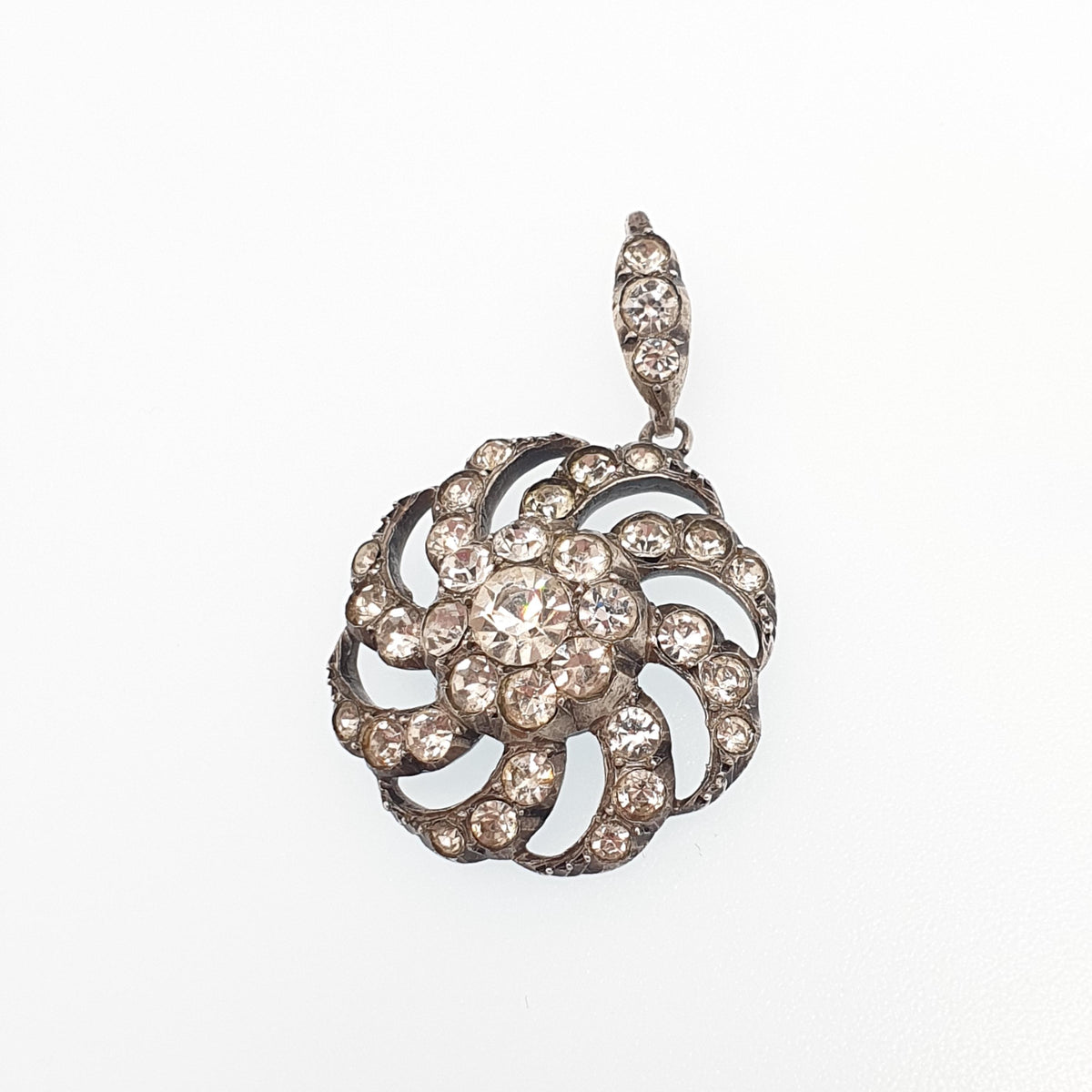 Antique Victorian Solid Silver Diamond Paste Pendant Art Nouveau Necklace Spiral Swirl Foiled Glass Vintage Womens Jewellery Jewelry