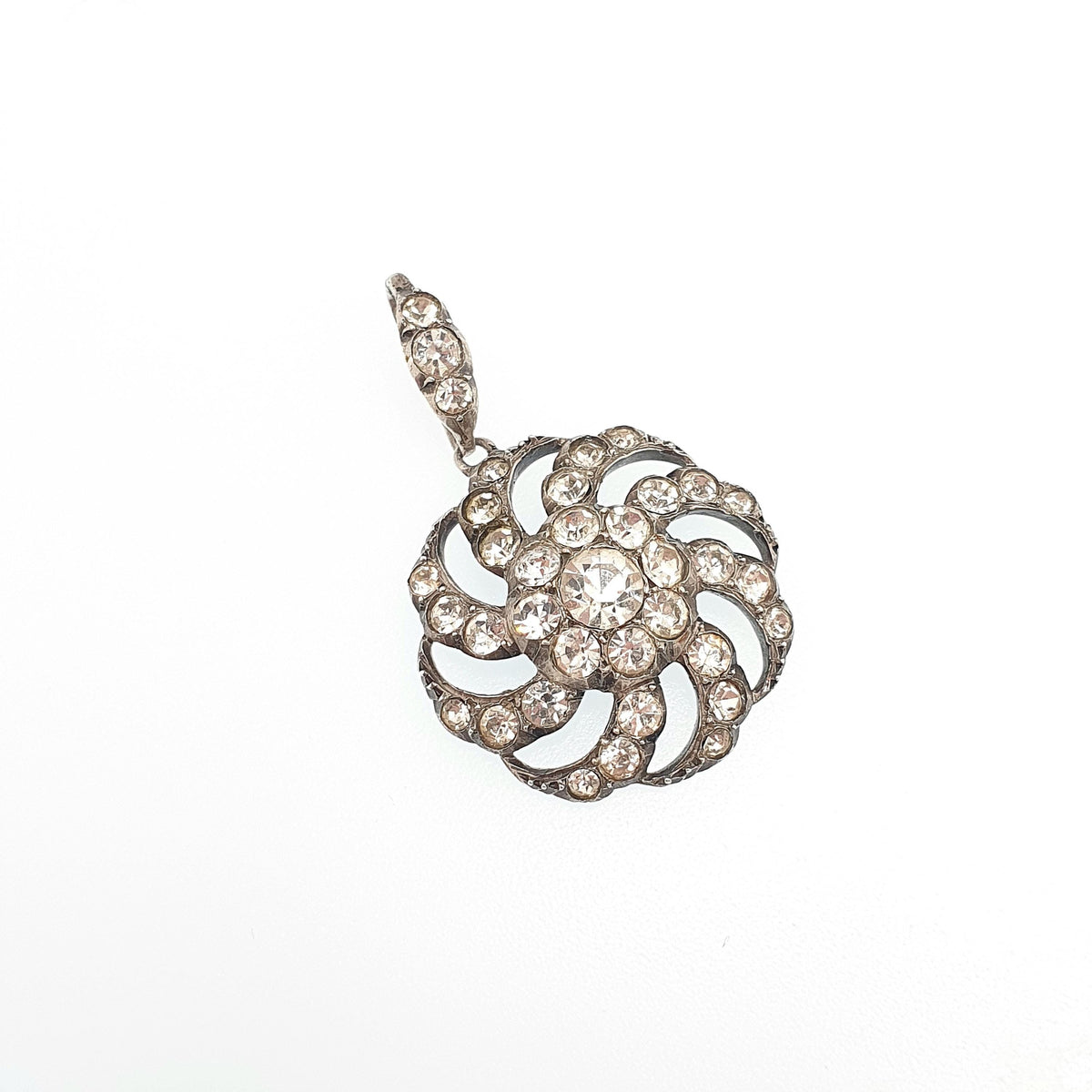 Antique Victorian Solid Silver Diamond Paste Pendant Art Nouveau Necklace Spiral Swirl Foiled Glass Vintage Womens Jewellery Jewelry