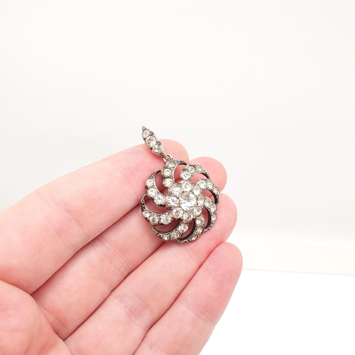 Antique Victorian Solid Silver Diamond Paste Pendant Art Nouveau Necklace Spiral Swirl Foiled Glass Vintage Womens Jewellery Jewelry