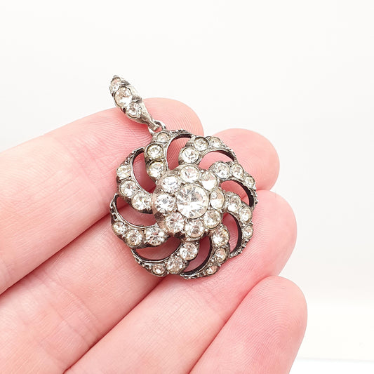 Antique Victorian Solid Silver Diamond Paste Pendant Art Nouveau Necklace Spiral Swirl Foiled Glass Vintage Womens Jewellery Jewelry