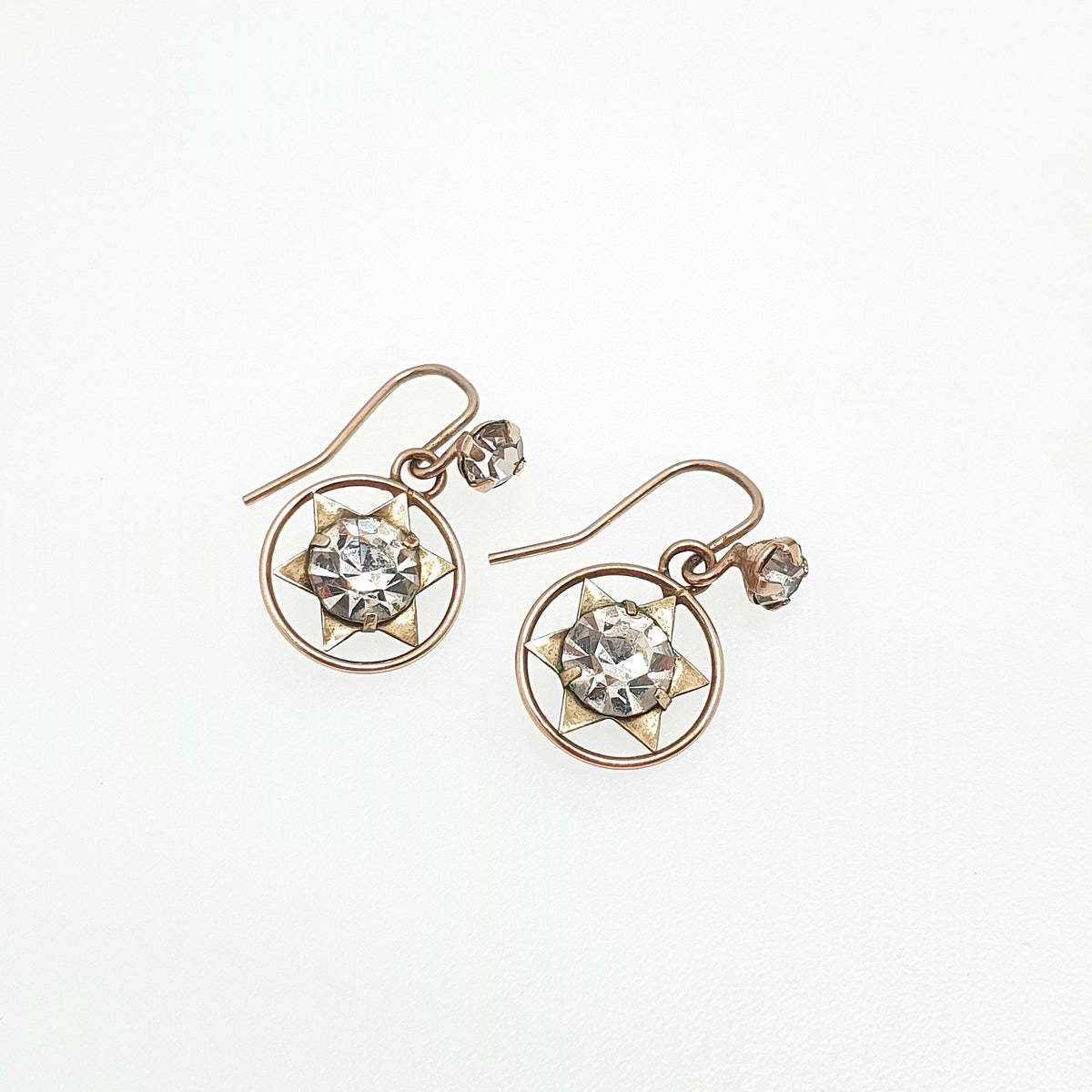 Antique 9ct Gold Star Earrings Diamond Paste Earrings Solid 9k 9kt 375 Hook Celestial Stars Drop Dangle Womens Jewelry Jewellery
