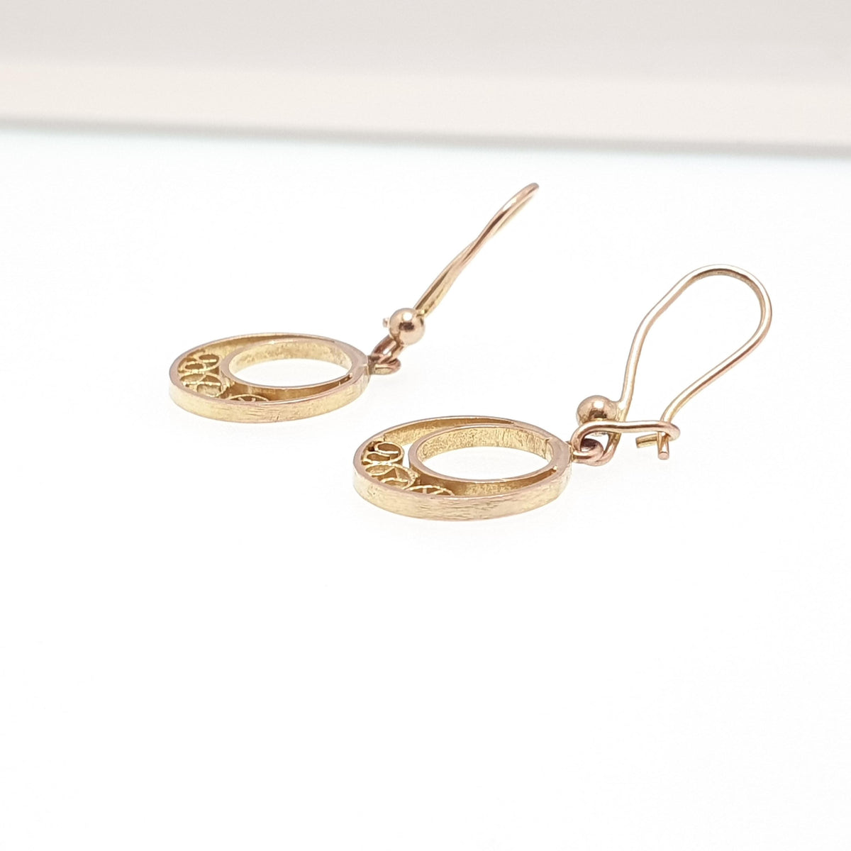 Antique 9k 9ct Gold Circle Earrings Hook Drop Dangle Art Deco Sun Style Sunburst Solid 375 9kt Filigree Vintage Womens Jewellery Jewellery